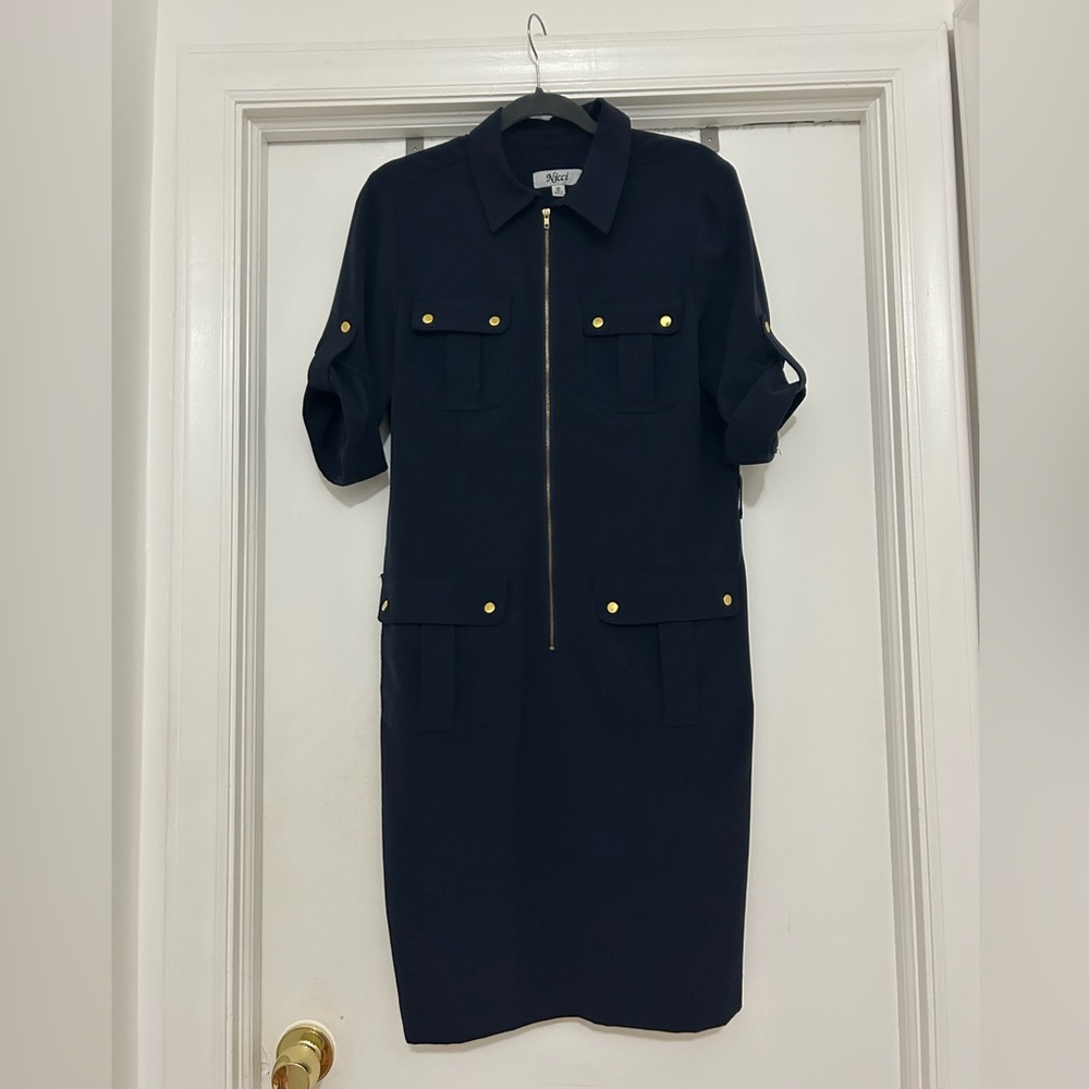 Navy Blue Zip-Up Dress with Gold Accents